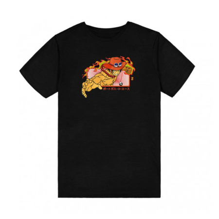 Tricou One Piece negru cu broderie - Portgas D. Ace