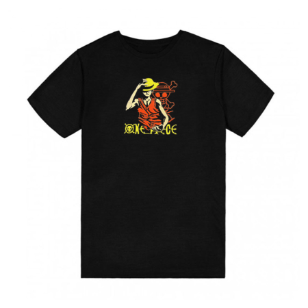 Tricou negru cu tematică One Piece și broderie - Straw Hat Monkey D. Luffy
