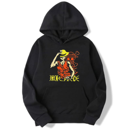 Hanorac gros negru cu broderie One Piece - Straw Hat Monkey D. Luffy 