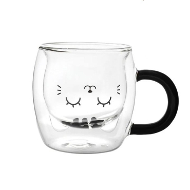 Latte Double Glass Mug - Grey Cat 250ml