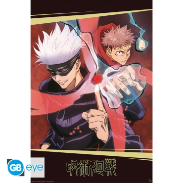 Poster Jujutsu Kaisen cu Gojo și Itadori pe un fundal întunecat