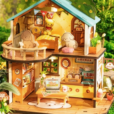 Interior cu cățeluș miniatură și pat