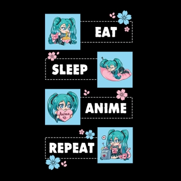Hatsune Miku Anime T-shirt - Eat, Sleep, Anime & Repeat