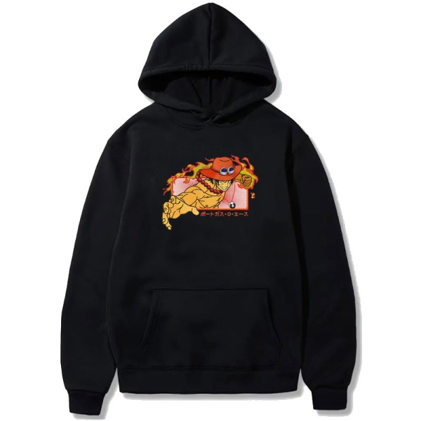 Hanorac gros negru cu broderie One Piece - Portgas D. Ace