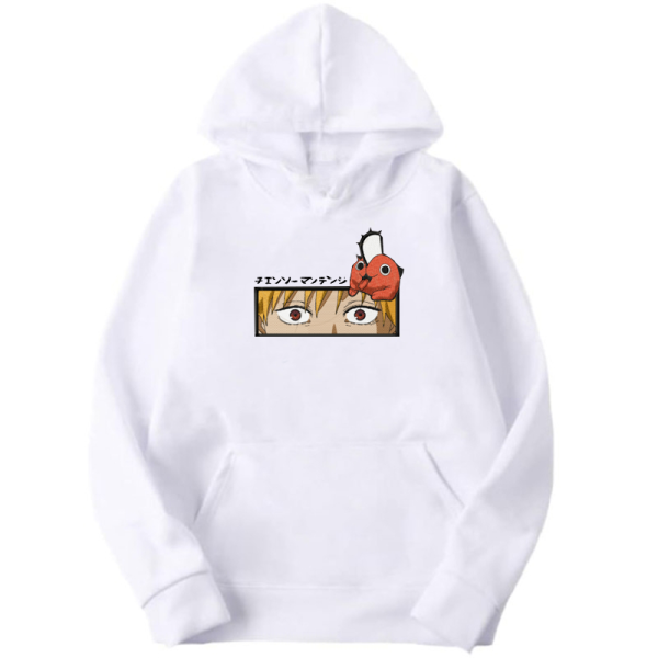 Chainsaw Man Еbroidery Thick White Hoodie - Denji & Pochita