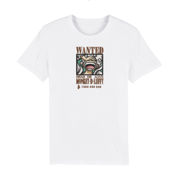 Tricou alb cu tematică One Piece și broderie - Wanted Monkey D. Luffy