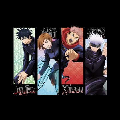 Jujutsu Kaisen: Anime T-shirt - Megumi Fushiguro, Nobara Kugisaki, Yuji Itadori & Satoru Gojo