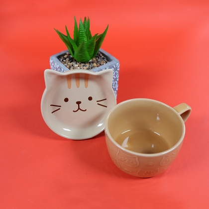 Set Ceramic Cup + Plate/Lid - Kitten Yellow