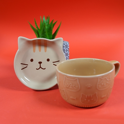 Set Ceramic Cup + Plate/Lid - Kitten Yellow