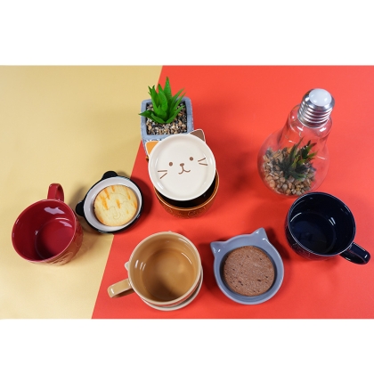 Set Ceramic Cup + Plate/Lid - Kitten Yellow