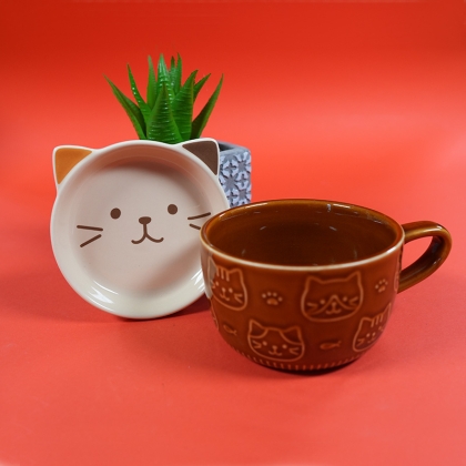 Set Ceramic Cup + Plate/Lid - Kitten Colorful