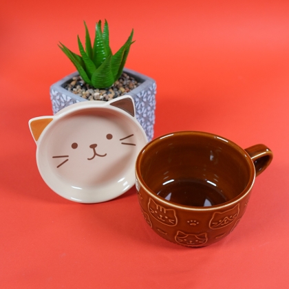 Set Ceramic Cup + Plate/Lid - Kitten Colorful