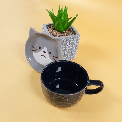 Set Ceramic Cup + Plate/Lid - Kitten Gray