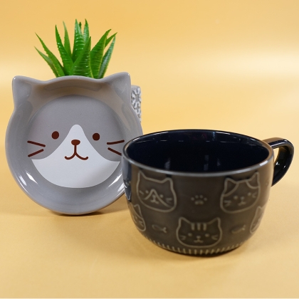 Set Ceramic Cup + Plate/Lid - Kitten Gray