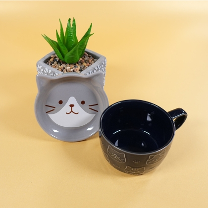 Set Ceramic Cup + Plate/Lid - Kitten Gray