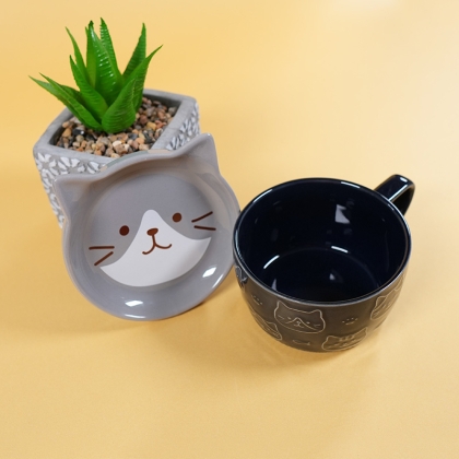 Set Ceramic Cup + Plate/Lid - Kitten Gray