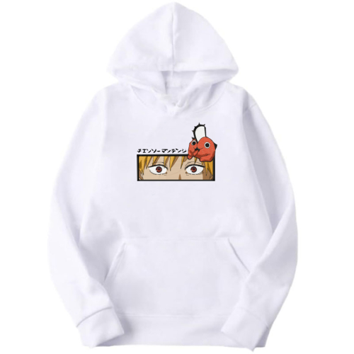 Chainsaw Man Еbroidery Thick White Hoodie - Denji & Pochita