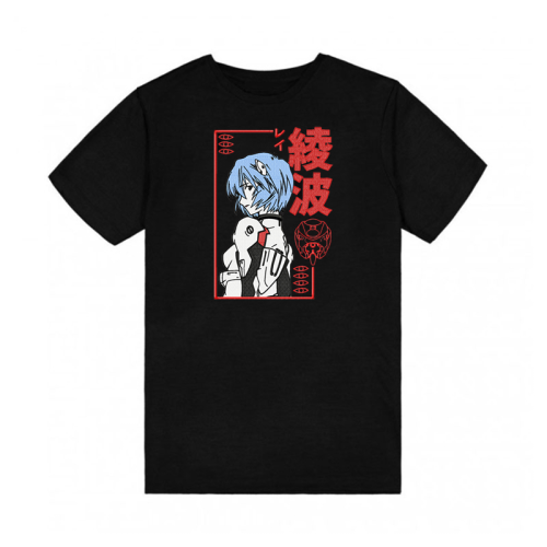 Tricou cu tematică neagră Evangelion și broderie - Rei Ayanami