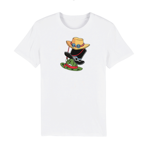 Tricou alb cu tematică One Piece și broderie - pălăriile lui Luffy, Sabo și Ace